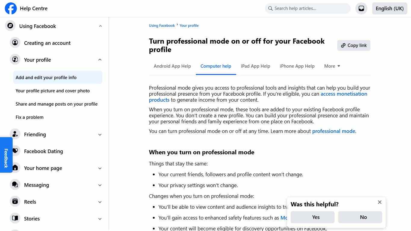 Turn professional mode on or off for your Facebook profile Facebook Help Centre